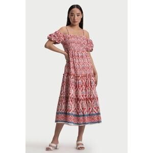 Ash & Eden Red Boho Cotton Midi Dress Size Small Off Shoulder Puff Sleeve NWT